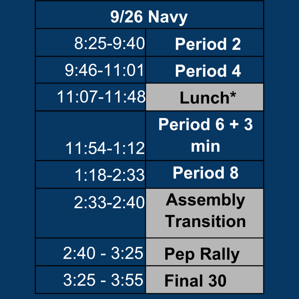 Altered Navy bell schedule for Friday, Sep. 26.  