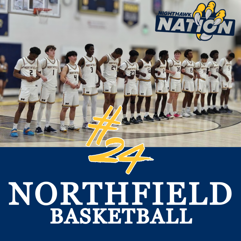 image of bb team side by side in gym with arms interlocked. Northfield Basketball and a #24 over the student wearing that jersey.
