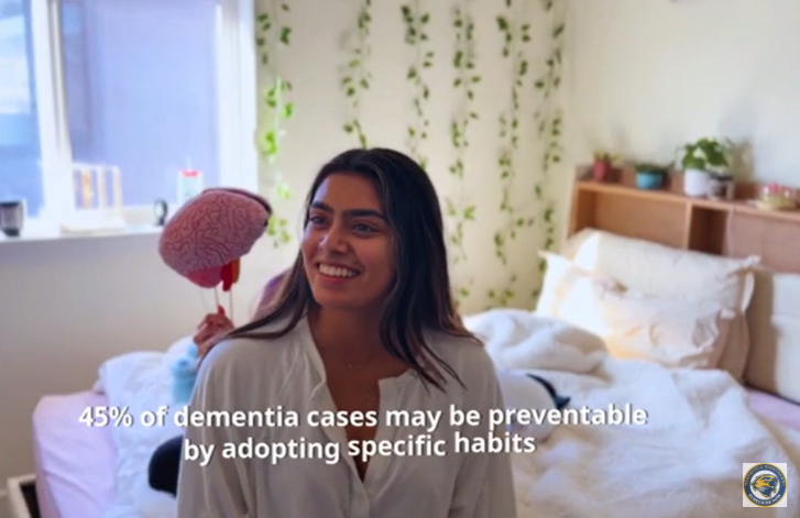 Screen grab of the video with text: 45% of dementia cases may be preventable by adopting specific habits.