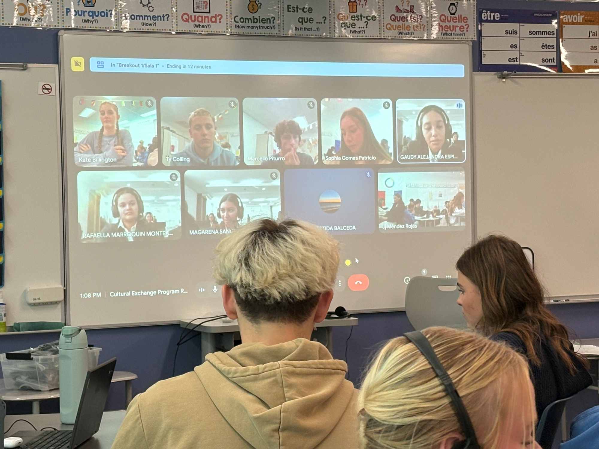 Students in Spanish class interact with peers in Peru via Google meet.
