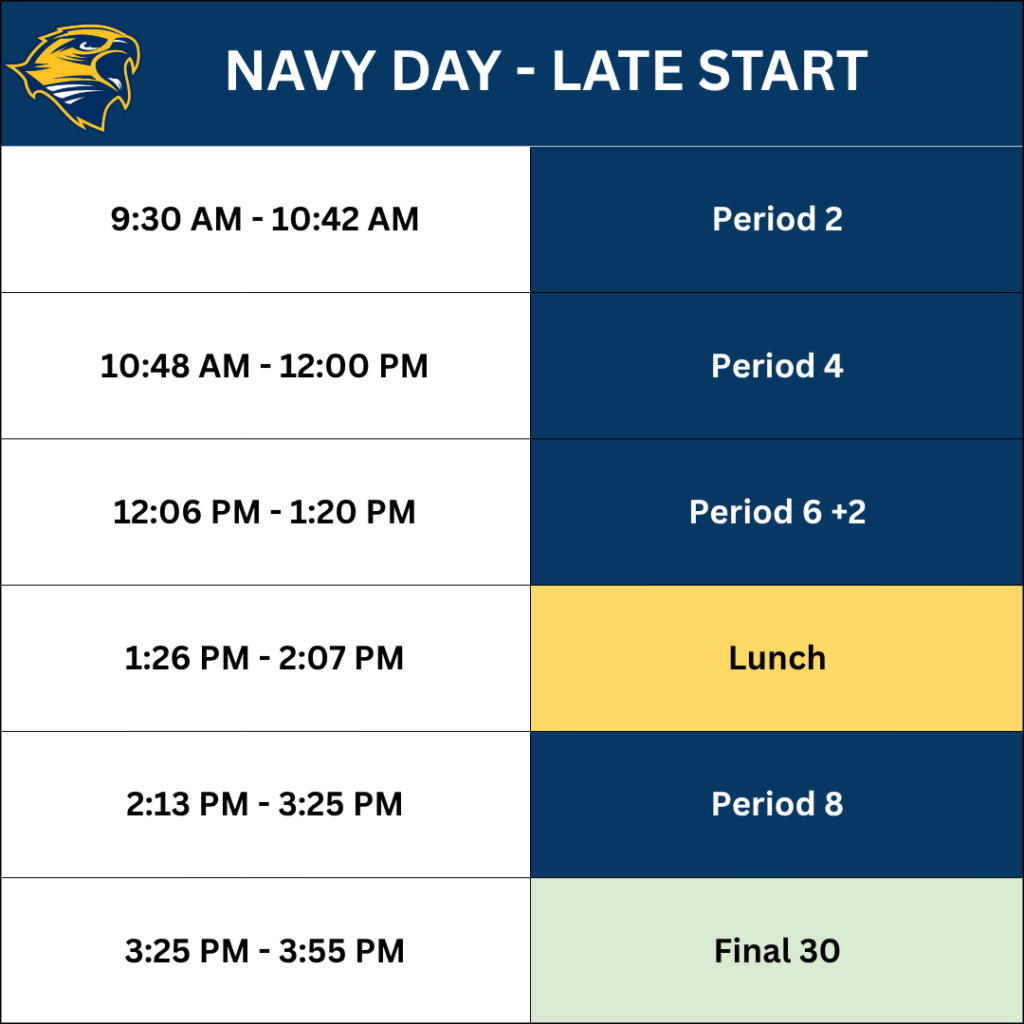 Schedule for Navy Late Start Day
9:30-10:42 AM Period 2, 10:48 - Noon Period 4, 12:06-1:20PM Period 6, 1:26-2:07PM Lunch, 2:13-3:26PM Period 8, 3:26-3:55PM Final 30