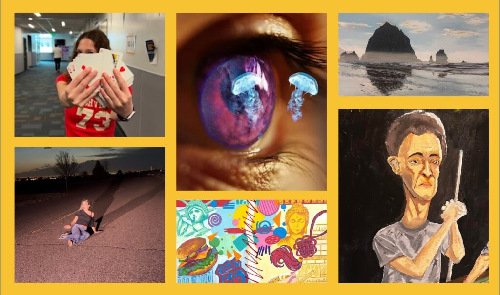 A collage of student art; decorative.